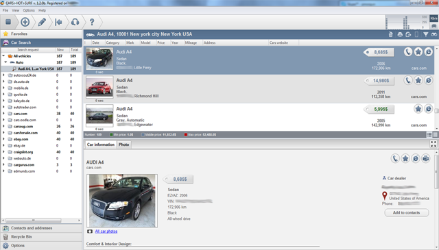 The main window of software Cars HotSurf is a car finder